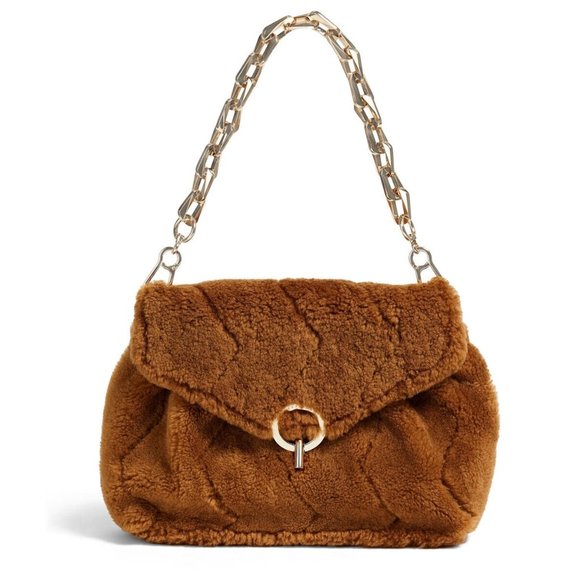 NWT SANDRO Camel Shearling Leather Yza Shoulder Bag - Picture 1 of 13
